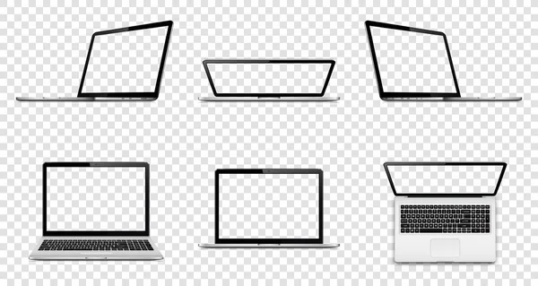 Ordinateur portable avec écran transparent isolé sur fond transparent. Perspective, vue du dessus et de face avec écran vide . — Image vectorielle