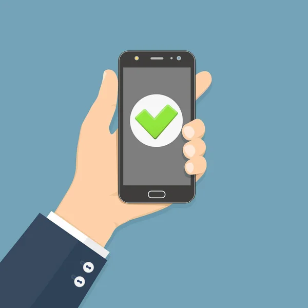 Flat design style human hand holding smartphone with green check mark on the screen