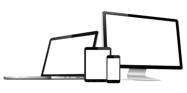 Exibição de computador web design responsivo com laptop e tablet pc com telefone celular isolado — Vetor de Stock