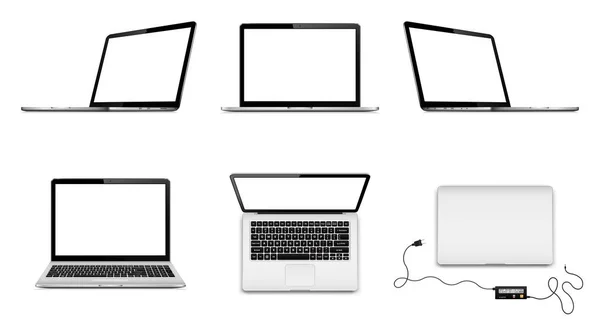 Verzameling van vector laptops met leeg scherm in verschillende posities — Stockvector