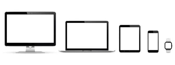 Realistisches Set von Monitor, Laptop, Tablet, Smartphone, Smartwatch — Stockvektor