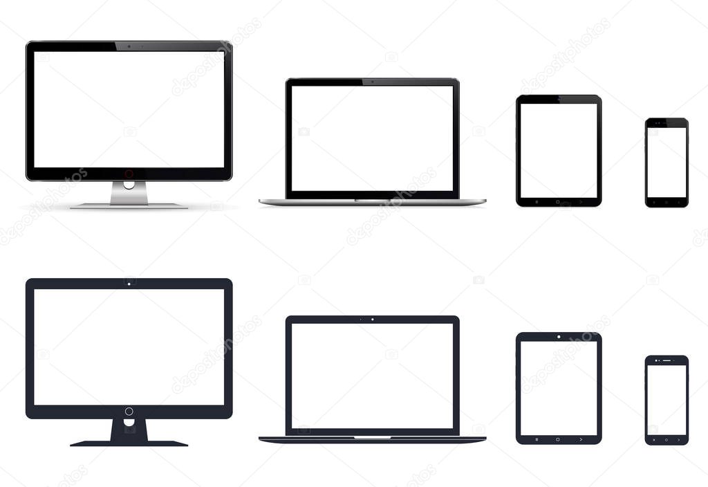 Realistic set of monitor, laptop, tablet, smartphone and their icons