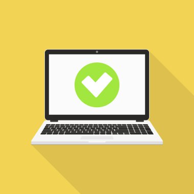 Kontrol işaretli vektör resimli dizüstü bilgisayar, düz tasarım