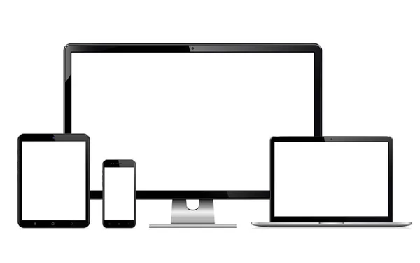 Conjunto de ilustración de alta calidad de dispositivos de tecnología moderna: monitor de computadora, computadora portátil, tableta digital y teléfono móvil con pantalla en blanco — Archivo Imágenes Vectoriales