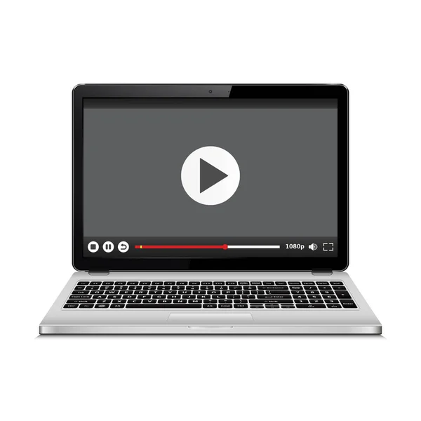 Portátil con reproductor de vídeo en pantalla. Servicio de streaming en línea en laptop — Archivo Imágenes Vectoriales