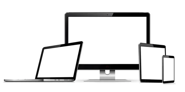 Conjunto de telas em branco com monitor de computador, laptop, tablet e smartphone —  Vetores de Stock