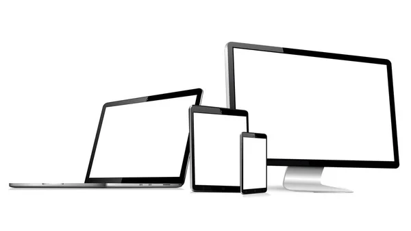 携帯電話を隔離したノートパソコンとタブレットPCを搭載したレスポンシブウェブデザインコンピュータディスプレイ — ストックベクタ