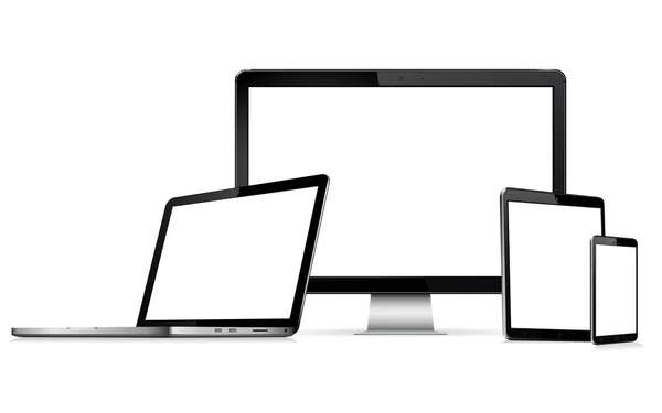 Dispositivos de tecnologia modernos - monitor de computador, laptop, tablet digital e telefone celular com tela em branco — Vetor de Stock