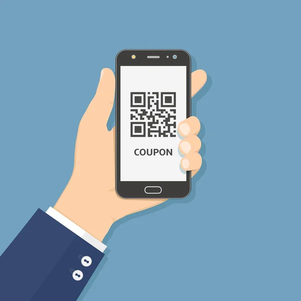 Hand hold smart phone with coupon QR code on screen, flat illustration — Stock Vector