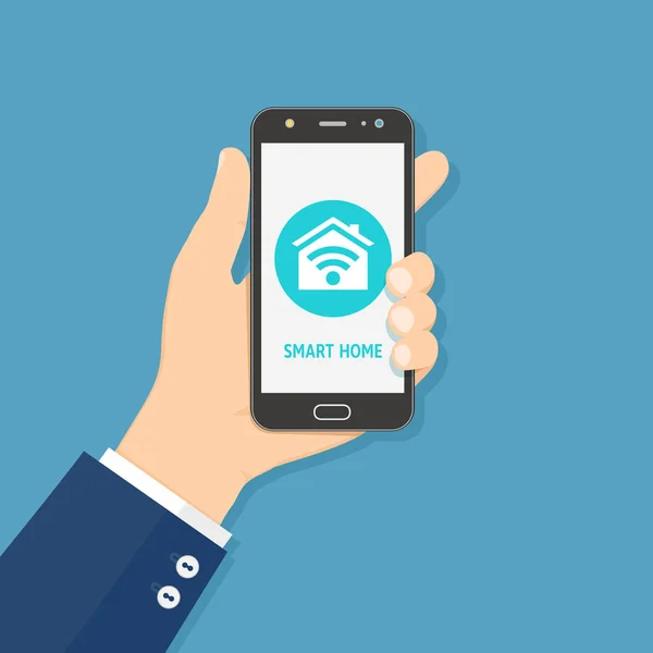 Mão segurando telefone inteligente móvel com aplicativo de casa inteligente na tela — Vetor de Stock