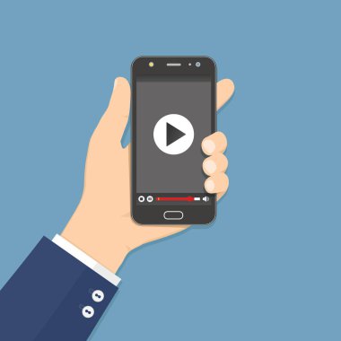 Ekranda video oynatıcıyla el ele tutuşan akıllı telefon. Vektör düz resimleme.