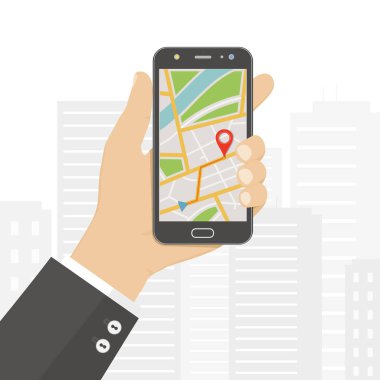 Elinde GPS navigasyon haritası olan akıllı bir telefon var. Mobil navigasyon konsepti. Düz vektör illüstrasyonu.