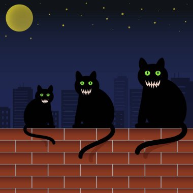 Family cats with green eyes and scary faces sitting on brick wall in city. Halloween theme vector illustration.