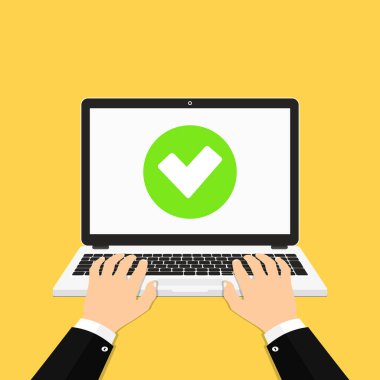 Kontrol işaretli vektör resimli dizüstü bilgisayar, düz tasarım