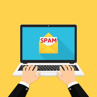 Spam e-posta vektör illüstrasyonlu dizüstü bilgisayar, düz tasarım