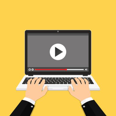 Eller klavye dizüstü bilgisayarında. Videoyu izle. Düz dizayn, vektör