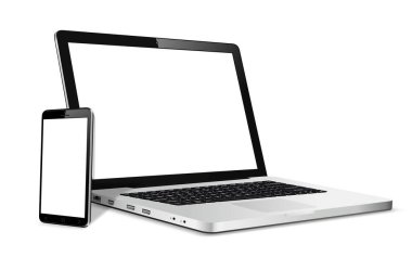 Laptop ve telefon modelleri. Karşıt web tasarımı için vektör illüstrasyonu.