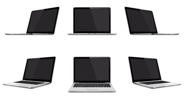 Dizüstü bilgisayar izole edildi. Bakış açısı, üstü ve önü boş ekran. Vektör illüstrasyonu.