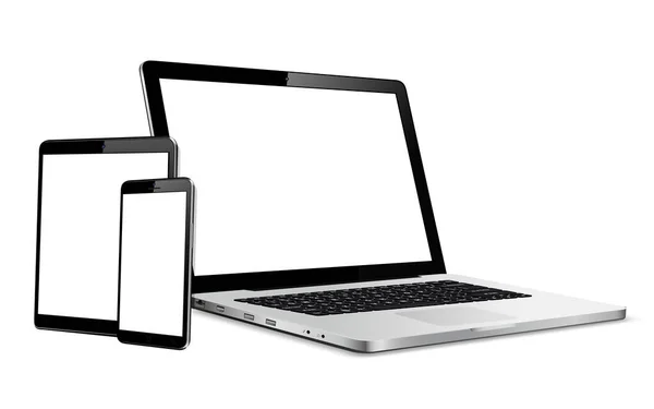 Laptop Tablet Telefone Mock Ilustração Vetorial Para Web Design Responsivo — Vetor de Stock