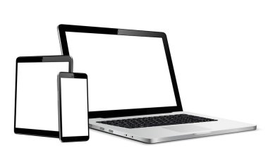 Laptop, tablet, telefon modeli. Karşıt web tasarımı için vektör illüstrasyonu.