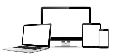 Bilgisayar monitörü, dizüstü bilgisayarı, tableti ve akıllı telefonu olan boş ekranlar. Vektör. resimleme.