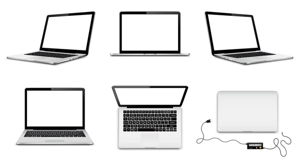 Set Laptops Different Positions Laptop Blank Screen Isolated White Background — Stock Vector