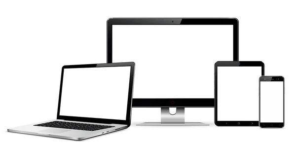 Conjunto Telas Branco Com Monitor Computador Laptop Tablet Smartphone Vector — Vetor de Stock