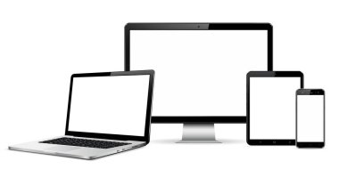 Masaüstü bilgisayarı, dizüstü bilgisayarı, tableti ve akıllı telefon modeli. Vektör illüstrasyonu.