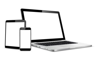 Laptop, tablet, telefon modeli. Karşıt web tasarımı için vektör illüstrasyonu.