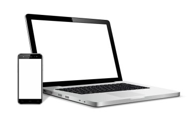 Laptop ve telefon modelleri. Karşıt web tasarımı için vektör illüstrasyonu.