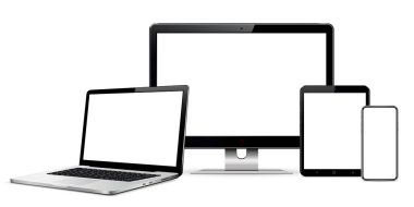 Masaüstü bilgisayarı, dizüstü bilgisayarı, tableti ve akıllı telefon modeli. Vektör illüstrasyonu.