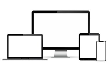 Modern bilgisayar monitörü, dizüstü bilgisayar, dijital tablet ve boş ekranlı cep telefonu. Beyaz arka planda izole edilmiş. Vektör Eps10