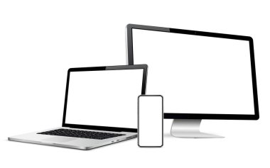 Modern bilgisayar ekranı, dizüstü bilgisayar ve boş ekranlı akıllı telefon. Beyaz arkaplanda izole.