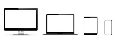 Beyaz arkaplanda bilgisayar monitörü, dizüstü bilgisayar, tablet ve akıllı telefon bulunan boş ekranlar. Vektör. Görüntü Efektleri 10.