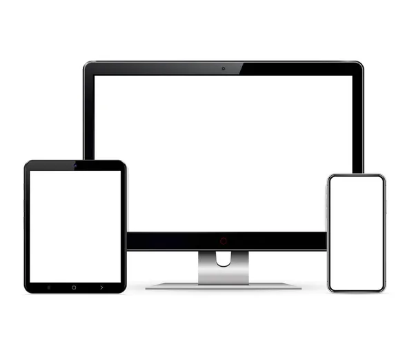 计算机监视器 数字平板电脑和带有空白屏幕模型的手机 被白色背景隔离 矢量说明 — 图库矢量图片