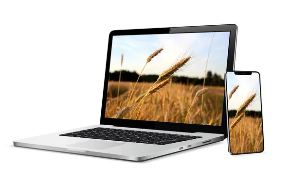 Moderne Laptop Computer Met Smartphone Geïsoleerd Wit — Stockfoto