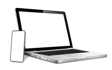 Laptop ve telefon modelleri. Karşıt web tasarımı için vektör illüstrasyonu.