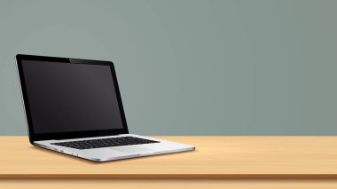 Gri duvar arkaplanlı ahşap masada dizüstü bilgisayar boş ekranı. Vektör illüstrasyonu.