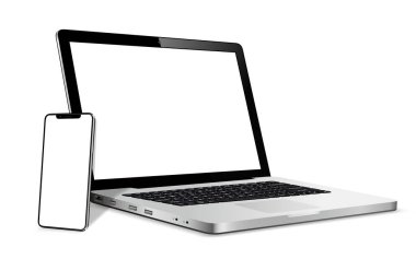 Laptop ve telefon modelleri. Karşıt web tasarımı için vektör illüstrasyonu.
