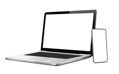 Laptop ve telefon modelleri. Karşıt web tasarımı için vektör illüstrasyonu.