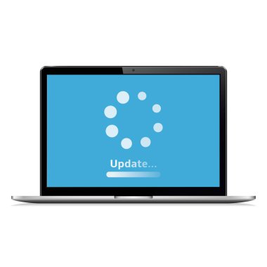 Sistem yazılım güncelleme kavramı. İşlem dizüstü bilgisayarda yükleniyor. Vektör illüstrasyonu.