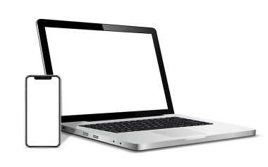 Laptop ve telefon modelleri. Karşıt web tasarımı için vektör illüstrasyonu.