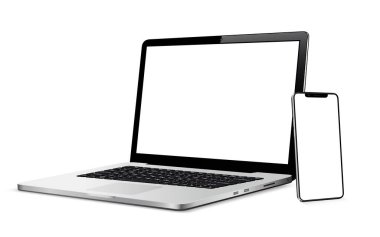 Laptop ve telefon modelleri. Karşıt web tasarımı için vektör illüstrasyonu.