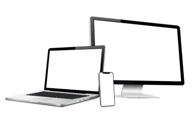 Modern bilgisayar ekranı, dizüstü bilgisayar ve boş ekranlı akıllı telefon. Beyaz arkaplanda izole.