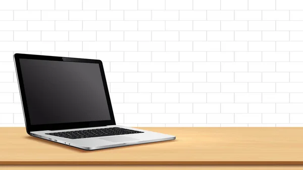 Moderne Laptop Met Blanco Scherm Tafel Tegen Bakstenen Muur Vectorillustratie — Stockvector