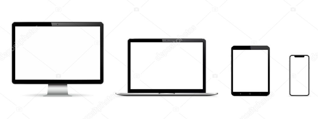 Set of blank screens with computer monitor, laptop, tablet, and smartphone isolated on white background. Vector. illustration eps10.