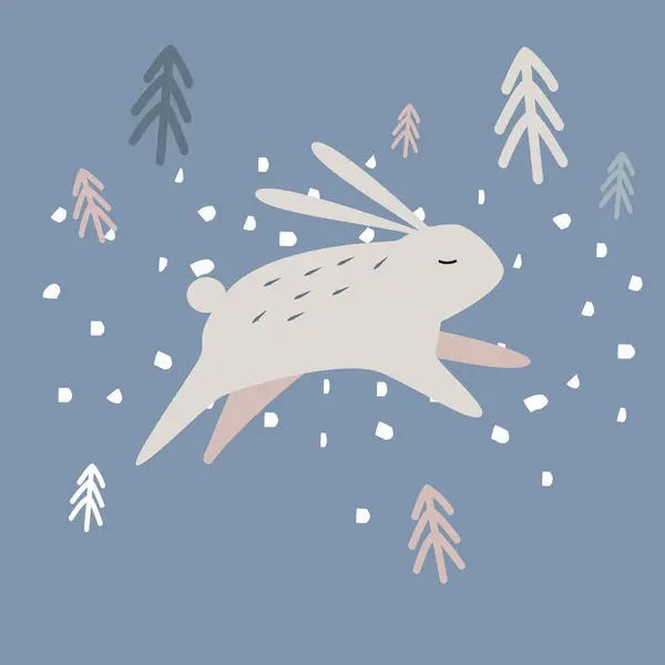 İskandinav tarzı / vektör kartında karlı ve ağaçlı şirin tavşan