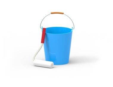 Araçlar çalışır. Kova ve boya silindiri. 3d görüntü beyaz arka plan üzerinde izole. 