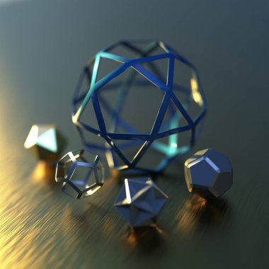Geometrik şekilli soyut fütüristik 3D çizim. Bokeh efektli çağdaş bilim kurgu resmi.
