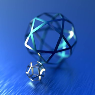 Pentagon küreleriyle soyut fütüristik 3D görüntüleme. Bokeh efektli çağdaş bilim kurgu resmi.